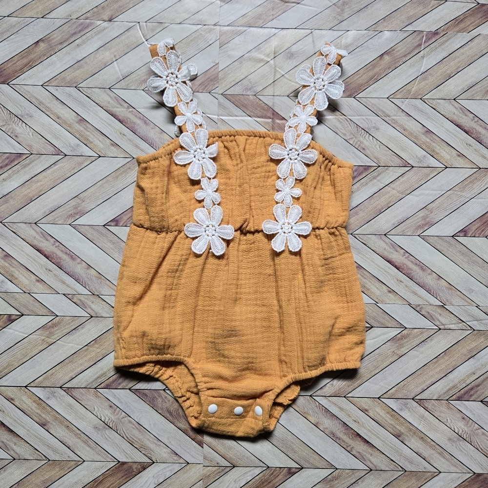 Boho Baby Girl Daisy Romper Cotton Gauze Sunsuit Floral Applique Bodysuit 3-6M